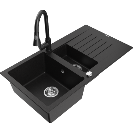 Mexen Matias fregadero de granito de 1,5 senos con escurridor y grifo de cocina Elia, negro - 6502-77-670101-70