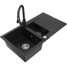 Mexen Matias granitno pomivalno korito z 1,5 komoro s polico za odcejanje in kuhinjsko armaturo Elia, črno - 6502-77-670101-70