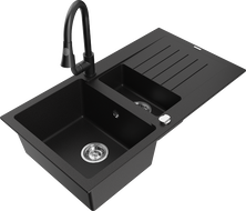 Mexen Matias granite sink 1.5-bowl with drainer and Elia kitchen tap, black - 6502-77-670101-70