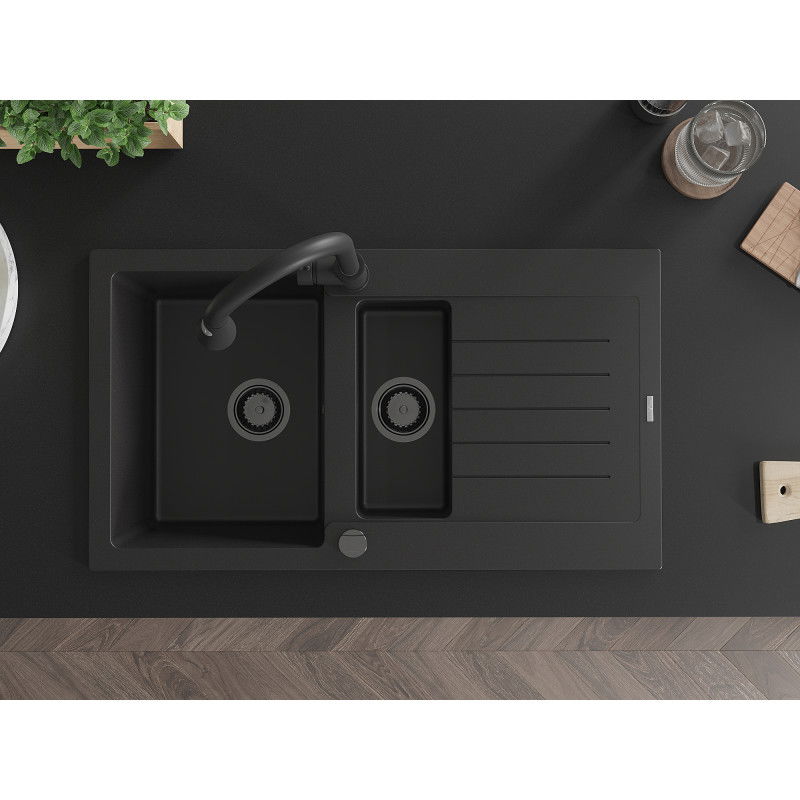 Mexen Matias granite sink 1.5-bowl with drainer and Elia kitchen tap, black - 6502-77-670101-70-B