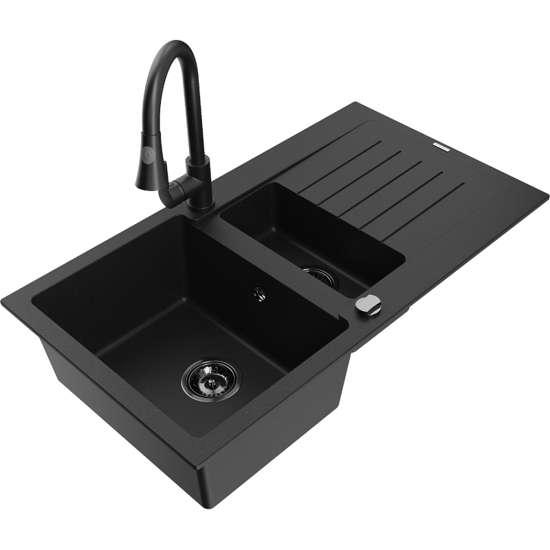 Mexen Matias fregadero de granito de 1,5 senos con escurridor y grifo de cocina Elia, negro - 6502-77-670101-70-B