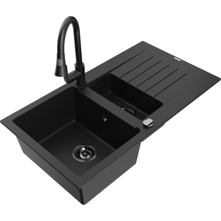 Mexen Matias fregadero de granito de 1,5 senos con escurridor y grifo de cocina Elia, negro - 6502-77-670101-70-B