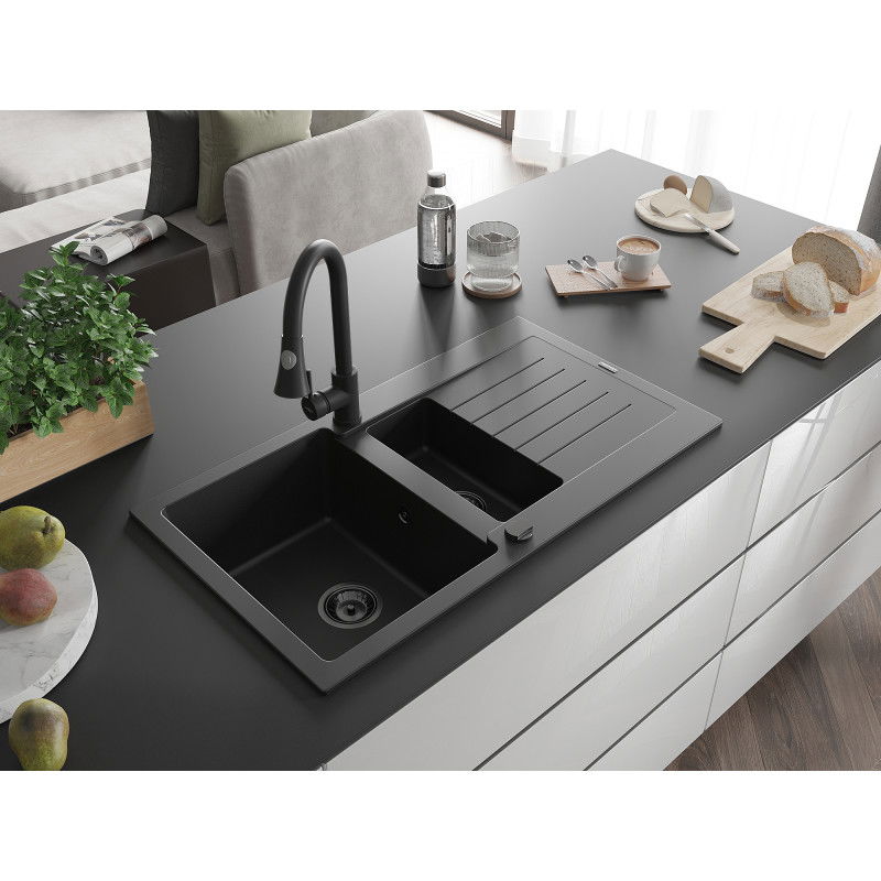 Mexen Matias granite sink 1.5-bowl with drainer and Elia kitchen tap, black - 6502-77-670101-70-B