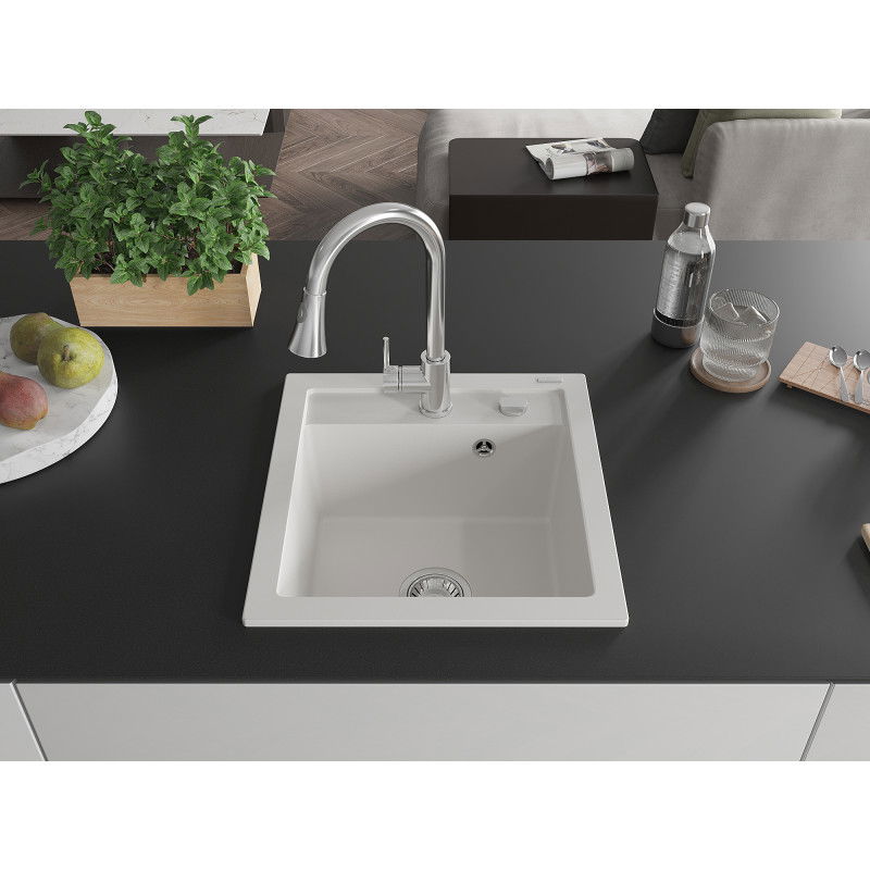 Mexen Vito 1-bowl granite kitchen sink with Elia kitchen tap, white - 6503-20-670101-00
