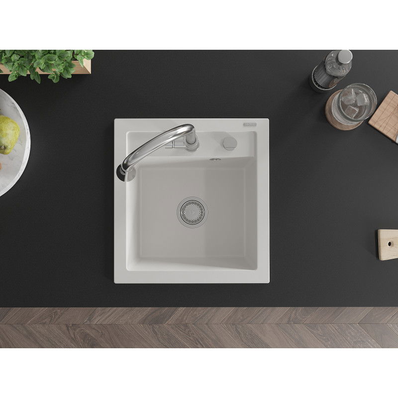 Mexen Vito 1-bowl granite kitchen sink with Elia kitchen tap, white - 6503-20-670101-00
