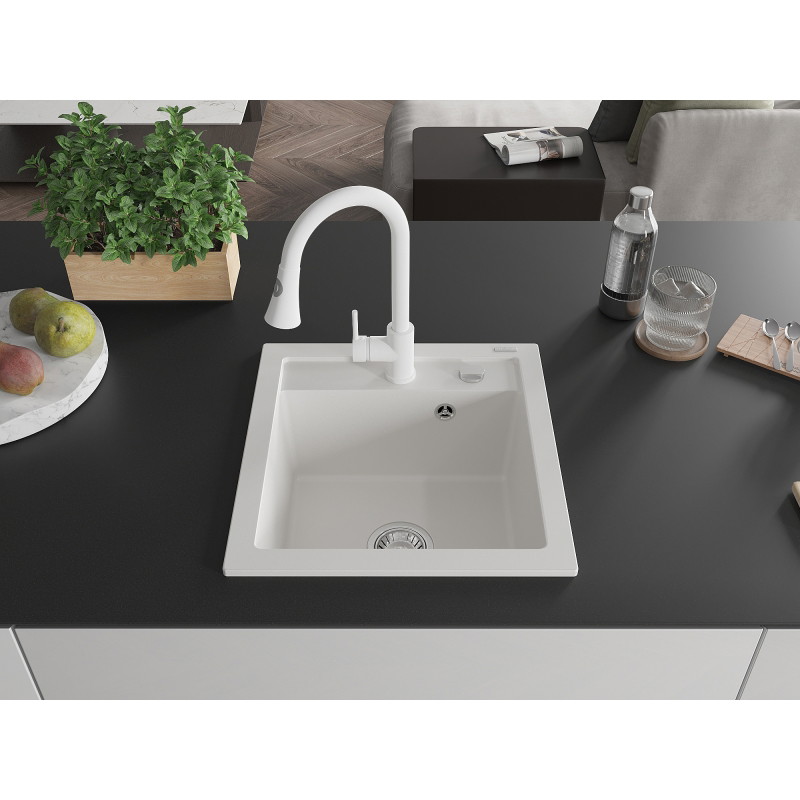 Mexen Vito fregadero de granito de 1 seno con grifo de cocina Elia, blanco - 6503-20-670101-20