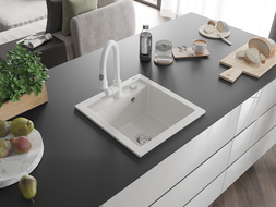 Mexen Vito fregadero de granito de 1 cubeta con grifo de cocina Elia, blanco - 6503-20-670101-20