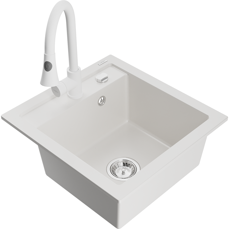 Mexen Vito granieten gootsteen 1-komorige met keukenmengkraan Elia, wit - 6503-20-670101-20