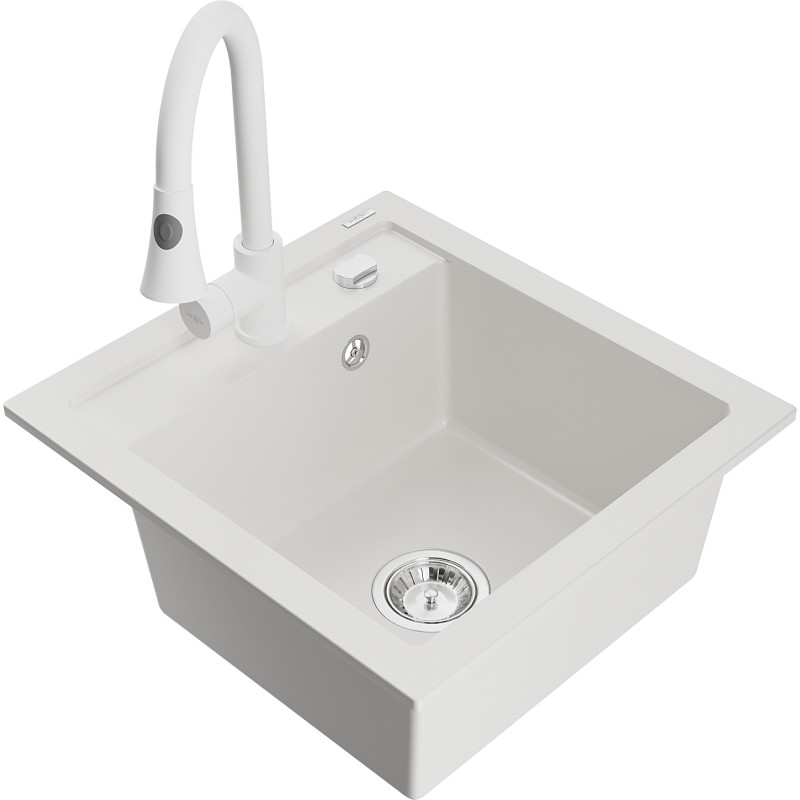 Mexen Vito granit gootsteen 1-kompartment met keukenmengkraan Elia, wit - 6503-20-670101-20