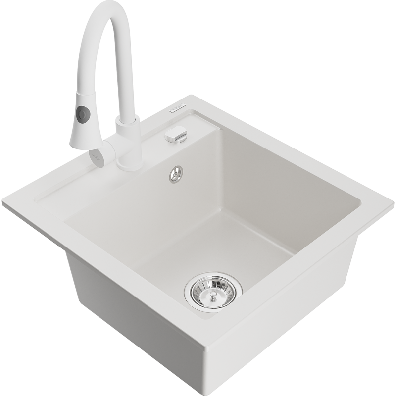Mexen Vito lava-loiça de granito de uma bacia com torneira de cozinha Elia, branco - 6503-20-670101-20