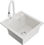 Mexen Vito 1-chamber granite sink with Elia kitchen faucet, white - 6503-20-670101-20