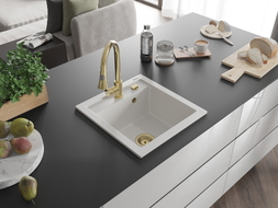 Mexen Vito 1-bowl granite sink with kitchen faucet Elia, white - 6503-20-670101-50