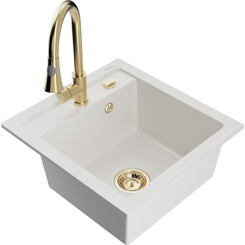 Mexen Vito fregadero de granito de 1 cubeta con grifo de cocina Elia, blanco - 6503-20-670101-50