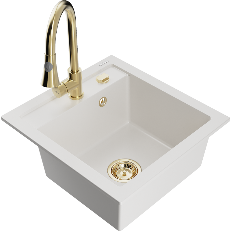 Mexen Vito lava-louça de granito de 1 bacia com torneira de cozinha Elia, branco - 6503-20-670101-50