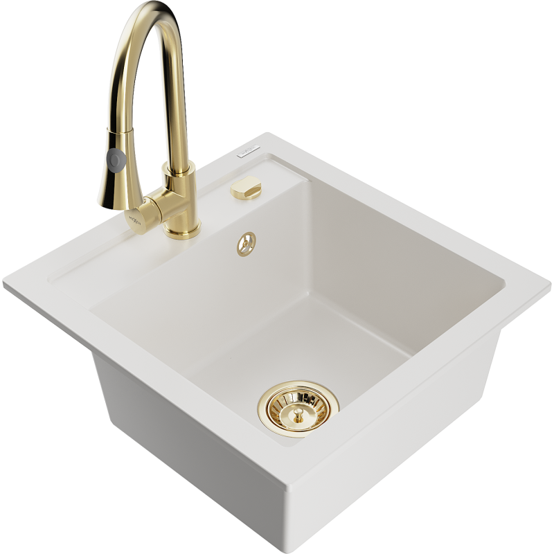 Mexen Vito single-bowl granite sink with Elia kitchen tap, white - 6503-20-670101-50