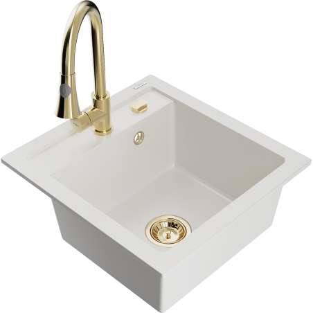 Mexen Vito lava-louça de granito de 1 bacia com torneira de cozinha Elia, branco - 6503-20-670101-50