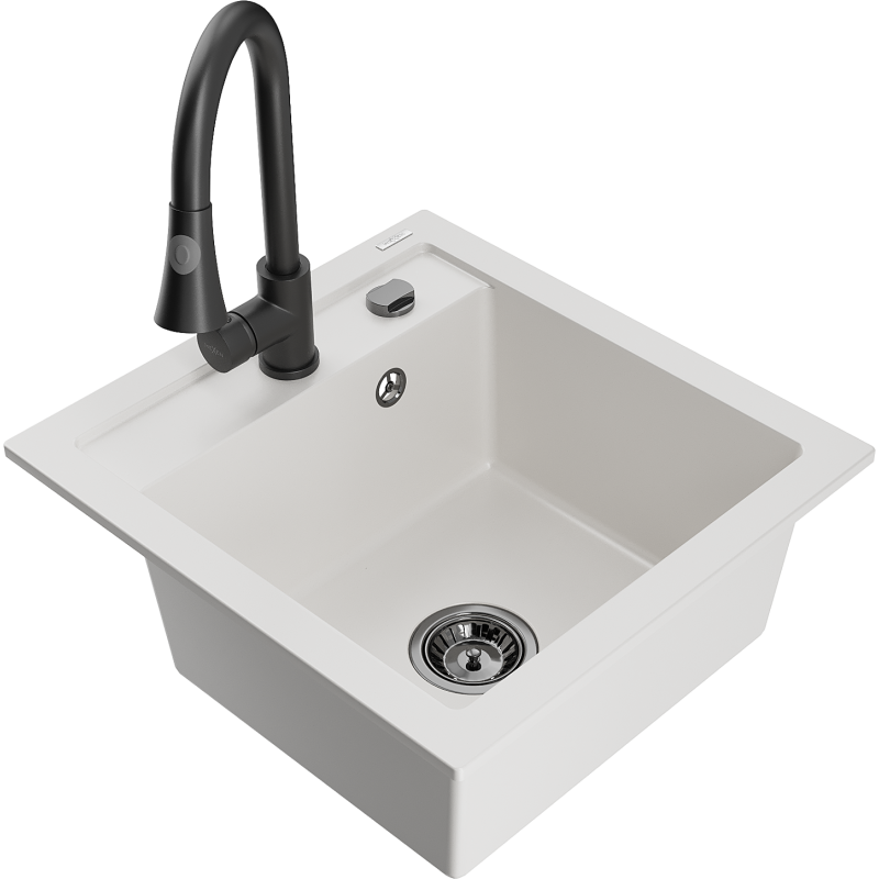 Mexen Vito fregadero de granito de 1 cámara con grifo de cocina Elia, blanco - 6503-20-670101-70