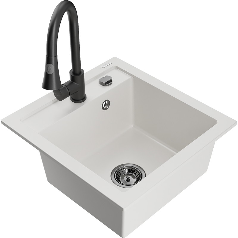 Mexen Vito fregadero de granito de 1 tina con grifo de cocina Elia, blanco - 6503-20-670101-70