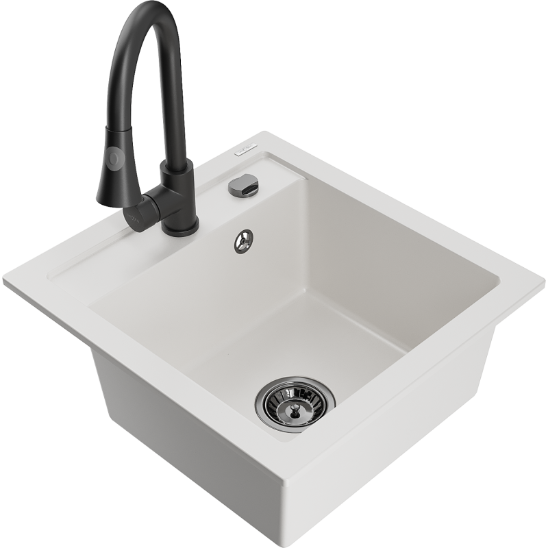 Mexen Vito lava-louça de granito de uma bacia com torneira de cozinha Elia, branco - 6503-20-670101-70