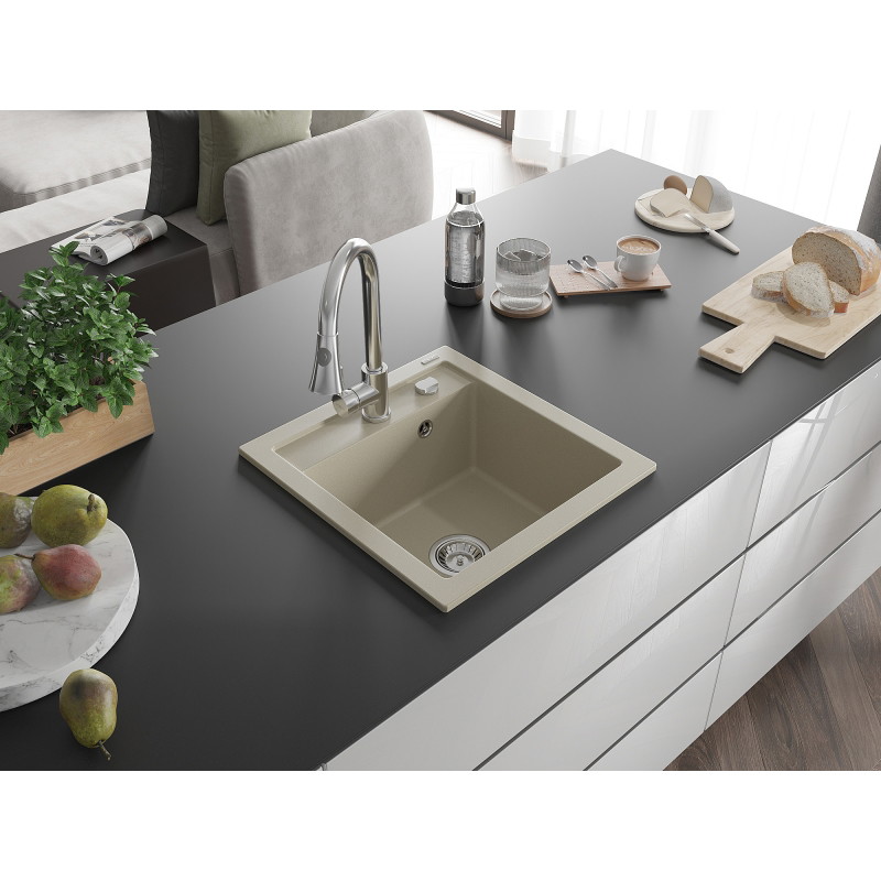 Mexen Vito Granitspüle 1-beckig mit Küchenarmatur Elia, beige - 6503-69-670101-00