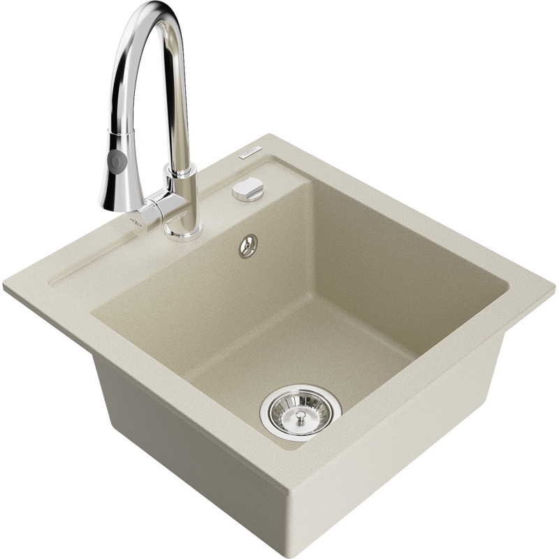 Mexen Vito granitische spoelbak met 1 kamer en Elia keuken kraan, beige - 6503-69-670101-00