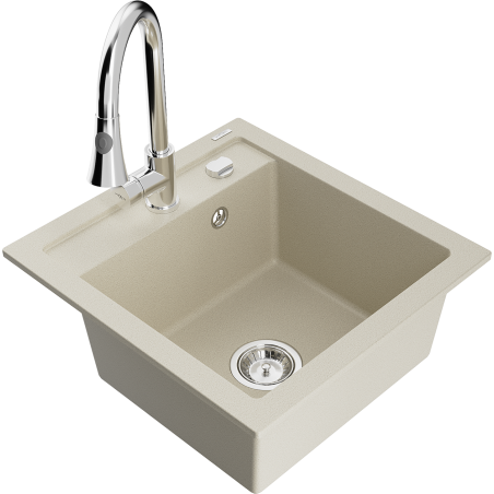 Mexen Vito granite kitchen sink 1-bowl with Elia kitchen tap, beige - 6503-69-670101-00