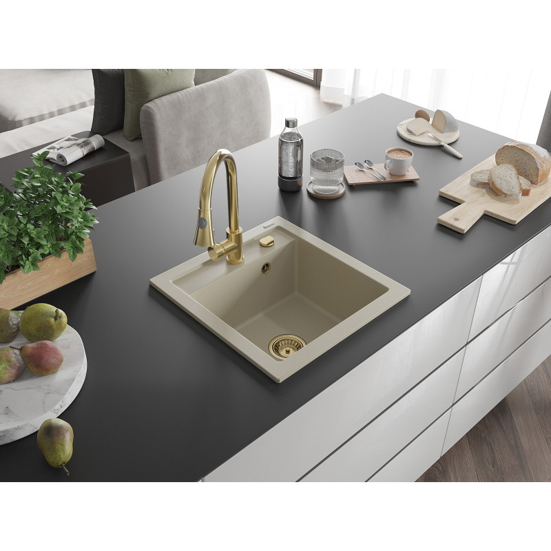 Mexen Vito fregadero de granito de 1 cubeta con grifo de cocina Elia, beige - 6503-69-670101-50