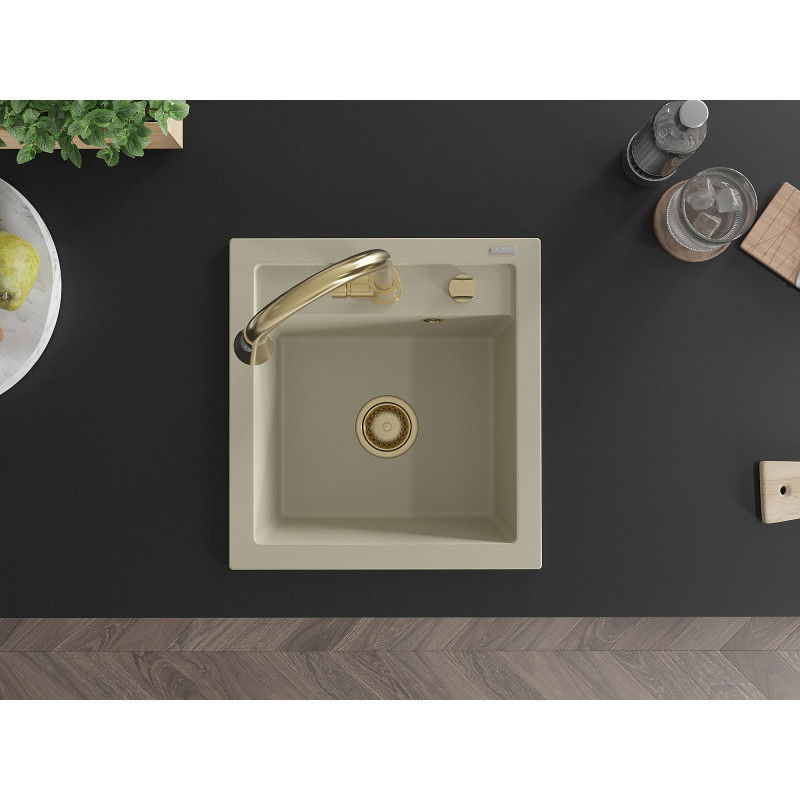 Mexen Vito granieten gootsteen 1-komorige met keukenmengkraan Elia, beige - 6503-69-670101-50