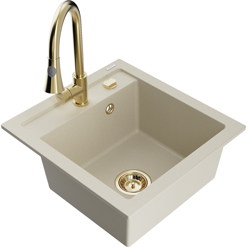 Mexen Vito fregadero de granito de 1 cámara con grifo de cocina Elia, beige - 6503-69-670101-50