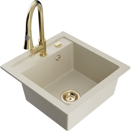 Mexen Vito lava-louça em granito com 1 cuba e torneira de cozinha Elia, bege - 6503-69-670101-50
