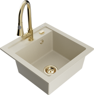 Mexen Vito granite kitchen sink 1-bowl with Elia kitchen faucet, beige - 6503-69-670101-50