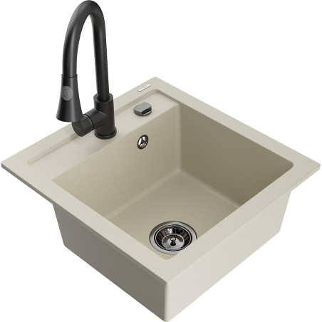 Mexen Vito 1-bowl granite sink with Elia kitchen tap, beige - 6503-69-670101-70