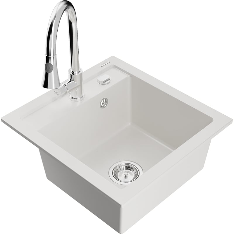 Mexen Vito 1-bowl granite sink with Elia kitchen faucet, white - 6503-20-670101-00