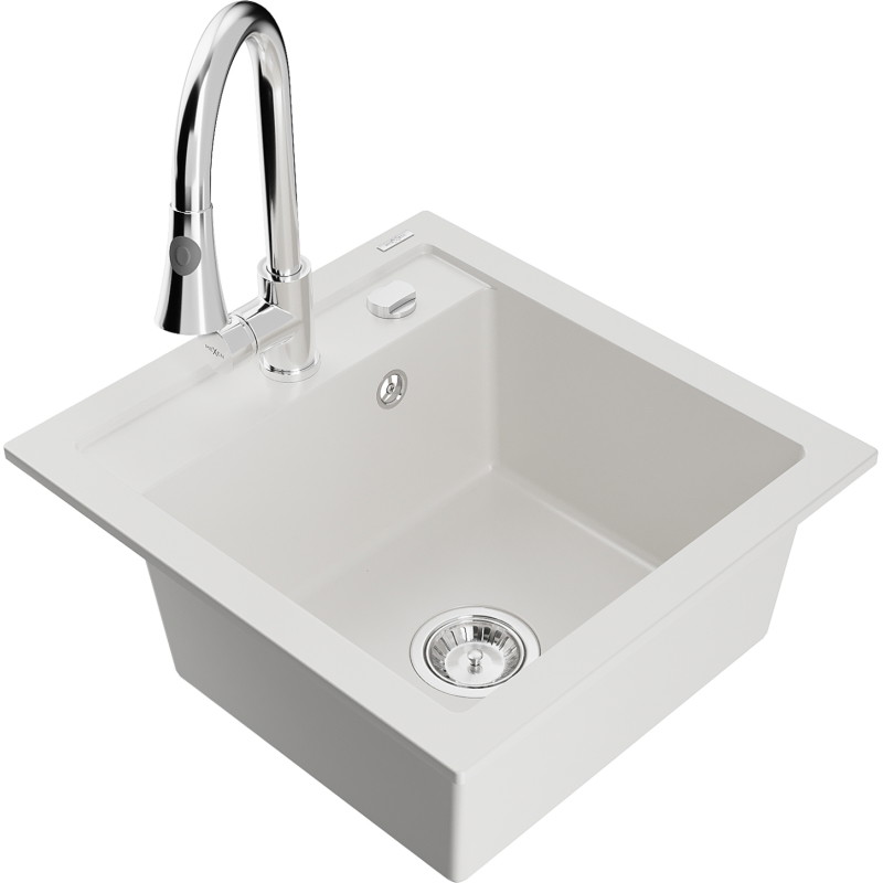 Mexen Vito fregadero de granito de 1 compartimento con grifo de cocina Elia, blanco - 6503-20-670101-00