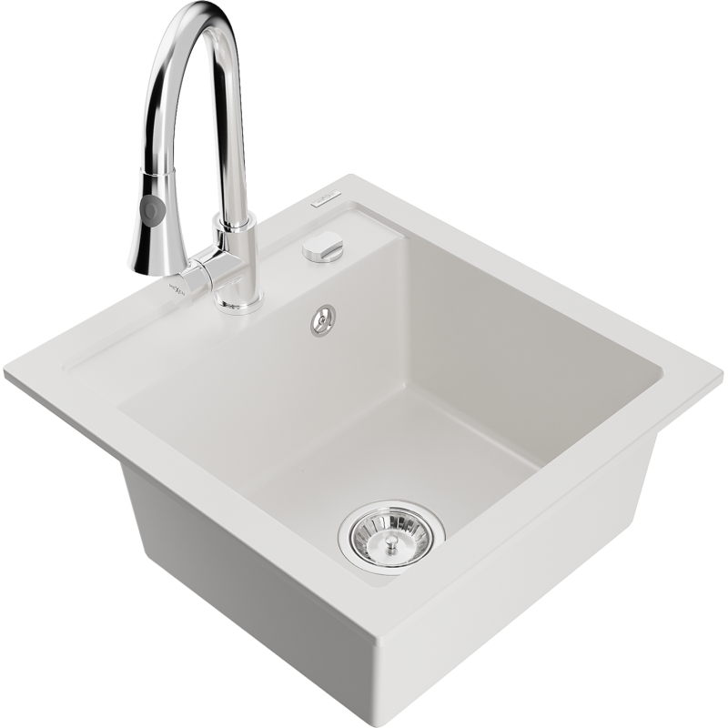 Mexen Vito granīta izlietne ar vienu nodalījumu un virtuves krānu Elia, balta - 6503-20-670101-00