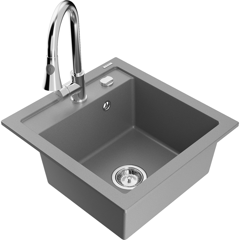 Mexen Vito fregadero de granito de 1 cámara con grifo de cocina Elia, gris - 6503-71-670101-00