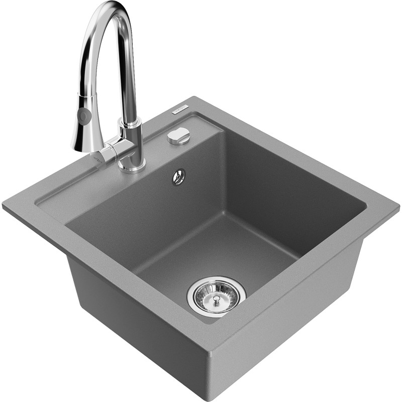 Mexen Vito granitspoelbak 1-komors met keukenkraan Elia, grijs - 6503-71-670101-00