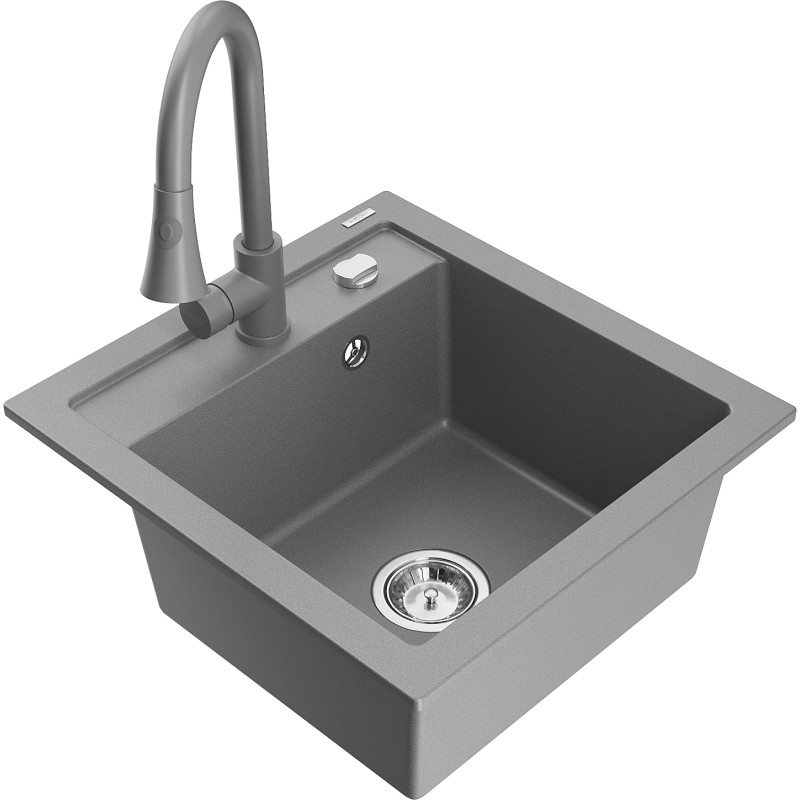 Mexen Vito fregadero de granito de 1 seno con grifo de cocina Elia, gris - 6503-71-670101-71
