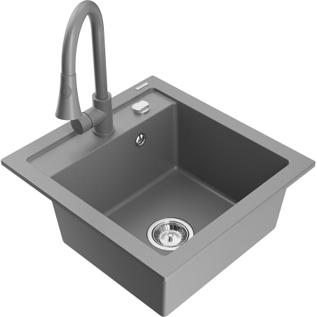 Mexen Vito granite sink 1-bowl with Elia kitchen faucet, gray - 6503-71-670101-71