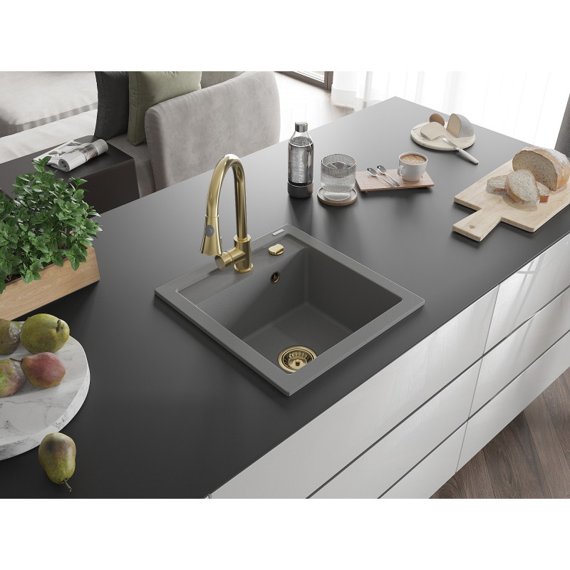 Mexen Vito granit gootsteen 1-komors met keukenkraan Elia, grijs - 6503-71-670101-50