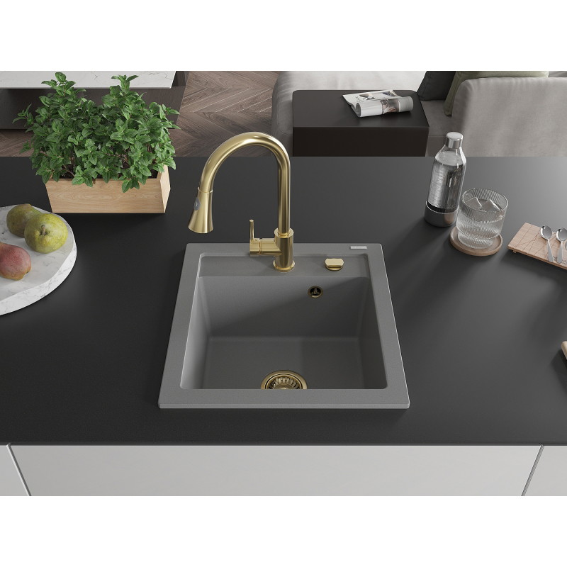 Mexen Vito granit gootsteen 1-komors met keukenkraan Elia, grijs - 6503-71-670101-50