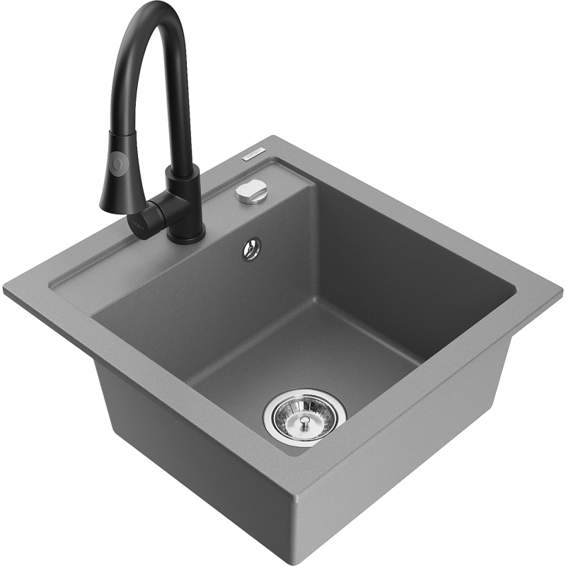 Mexen Vito fregadero de granito de 1 cámara con grifo de cocina Elia, gris - 6503-71-670101-70