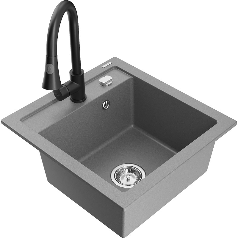 Mexen Vito granitische gootsteen 1-komor met keukenmengkraan Elia, grijs - 6503-71-670101-70