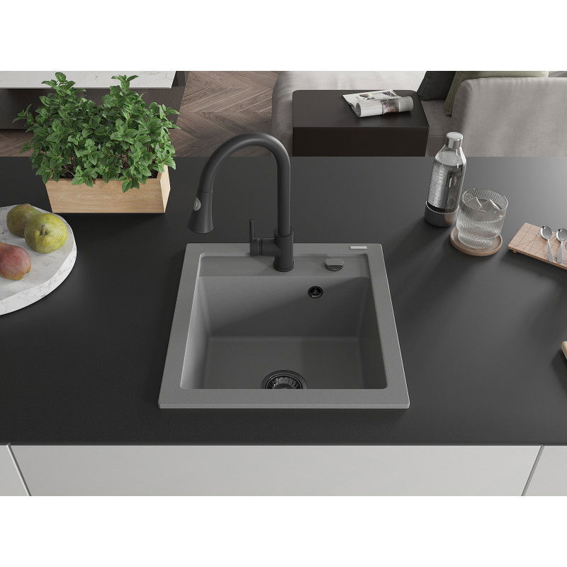 Mexen Vito Granite Kitchen Sink 1-Bowl with Elia Kitchen Tap, Grey - 6503-71-670101-70-B