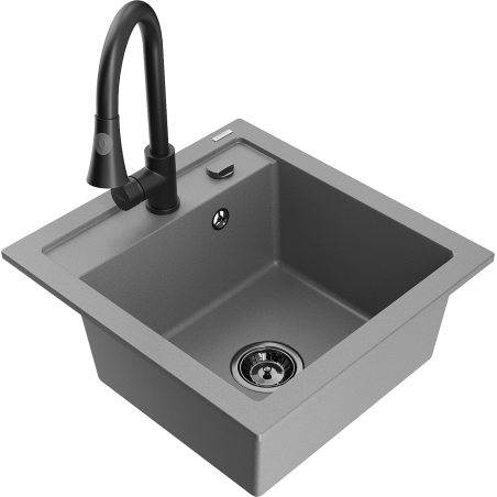 Mexen Vito granite kitchen sink 1-bowl with kitchen faucet Elia, gray - 6503-71-670101-70-B