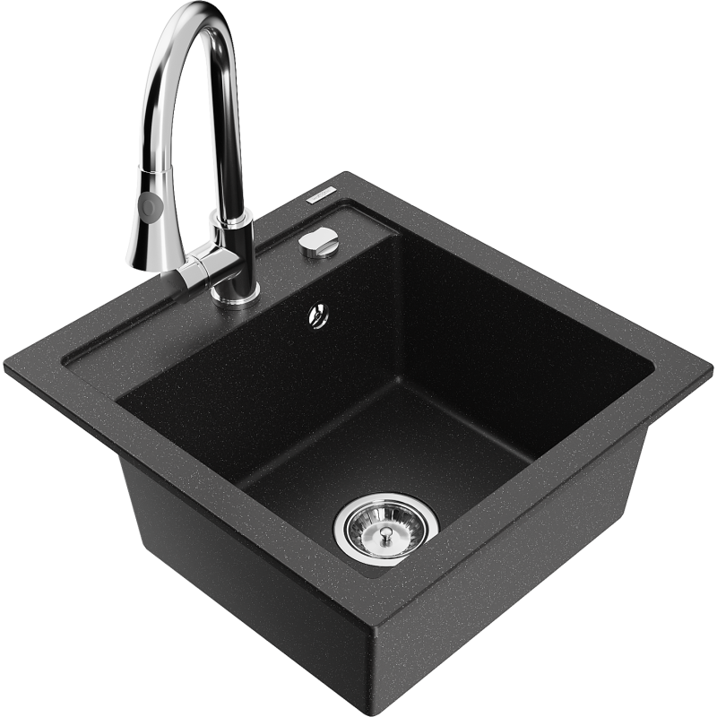 Mexen Vito fregadero de granito de 1 cubeta con grifo de cocina Elia, negro/plateado metálico - 6503-73-670101-00