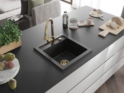 Mexen Vito Granitspüle 1-Becken mit Küchenarmatur Elia, Schwarz/Silber Metallic - 6503-73-670101-50