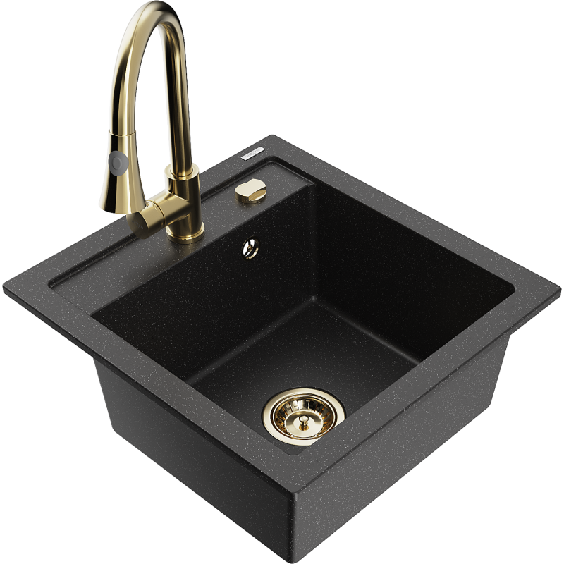 Mexen Vito évier en granit 1-bac avec robinet de cuisine Elia, noir/argent métallique - 6503-73-670101-50
