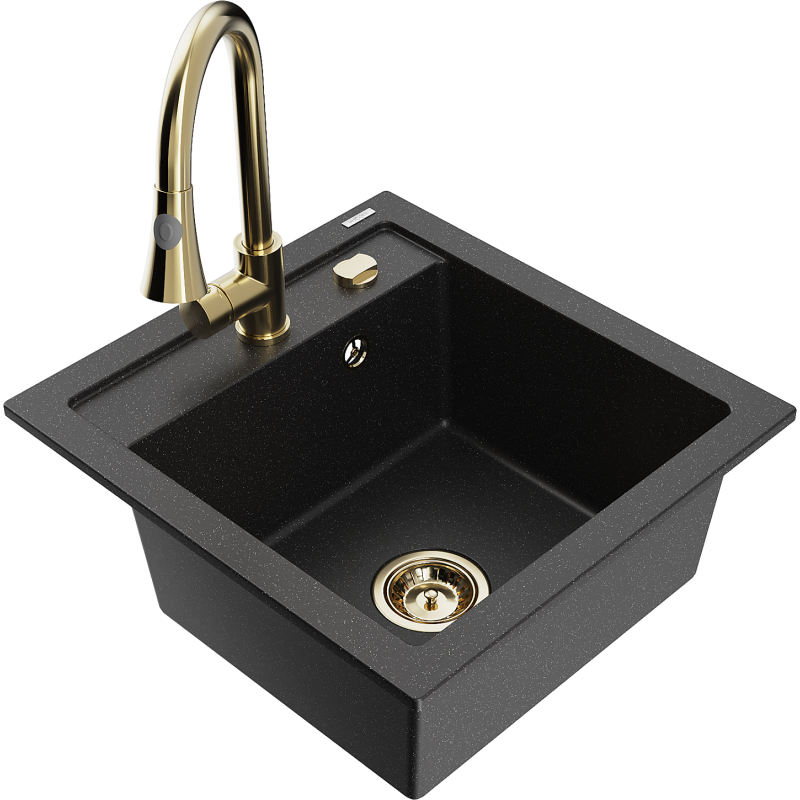 Mexen Vito lavello in granito a 1 vasca con rubinetto da cucina Elia, nero/metallo argento - 6503-73-670101-50