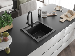 Mexen Vito Granitspüle 1-beckig mit Küchenarmatur Elia, schwarz/silberner Metallic - 6503-73-670101-70-B